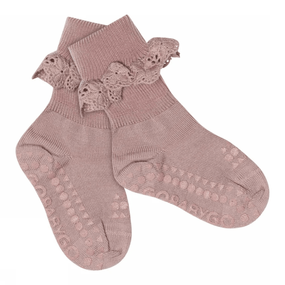 GoBabyGo - Sokker i Merinoull med Blonder Antiskli Rose Blush - Guttelus.no