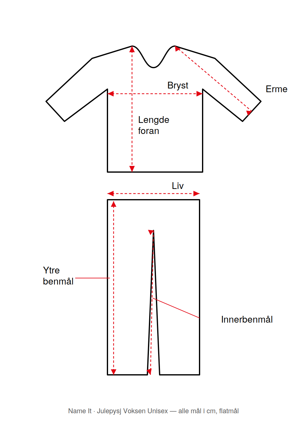 Størrelsesguide og måltabell - Name It Julepysj Voksen Unisex