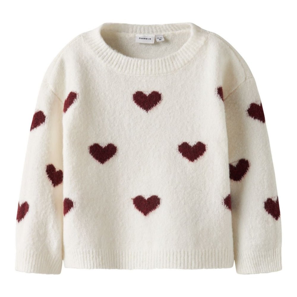 Name It - Genser Knit Ona Cloud Dancer Burgundy Hearts - Guttelus.no