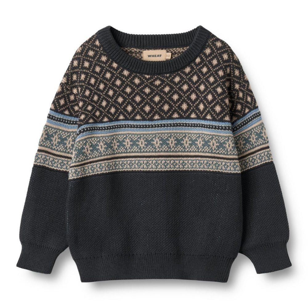 Wheat - Genser Julius Jacquard Navy - Guttelus.no