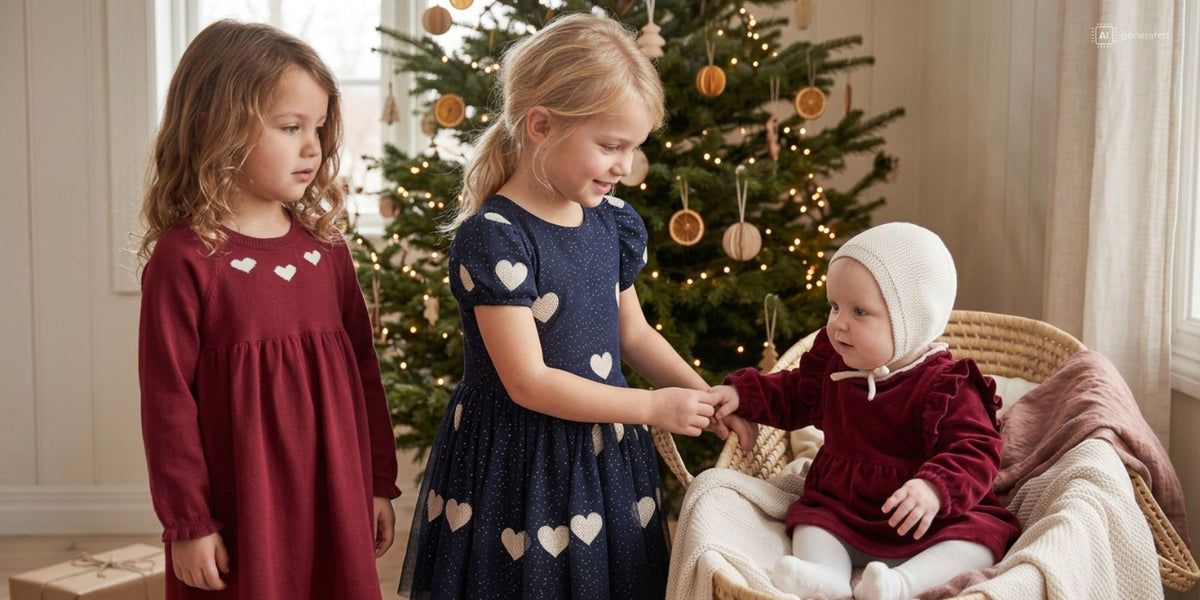 To jenter og en baby i røde og mørkeblå julekjoler foran et pyntet juletre.