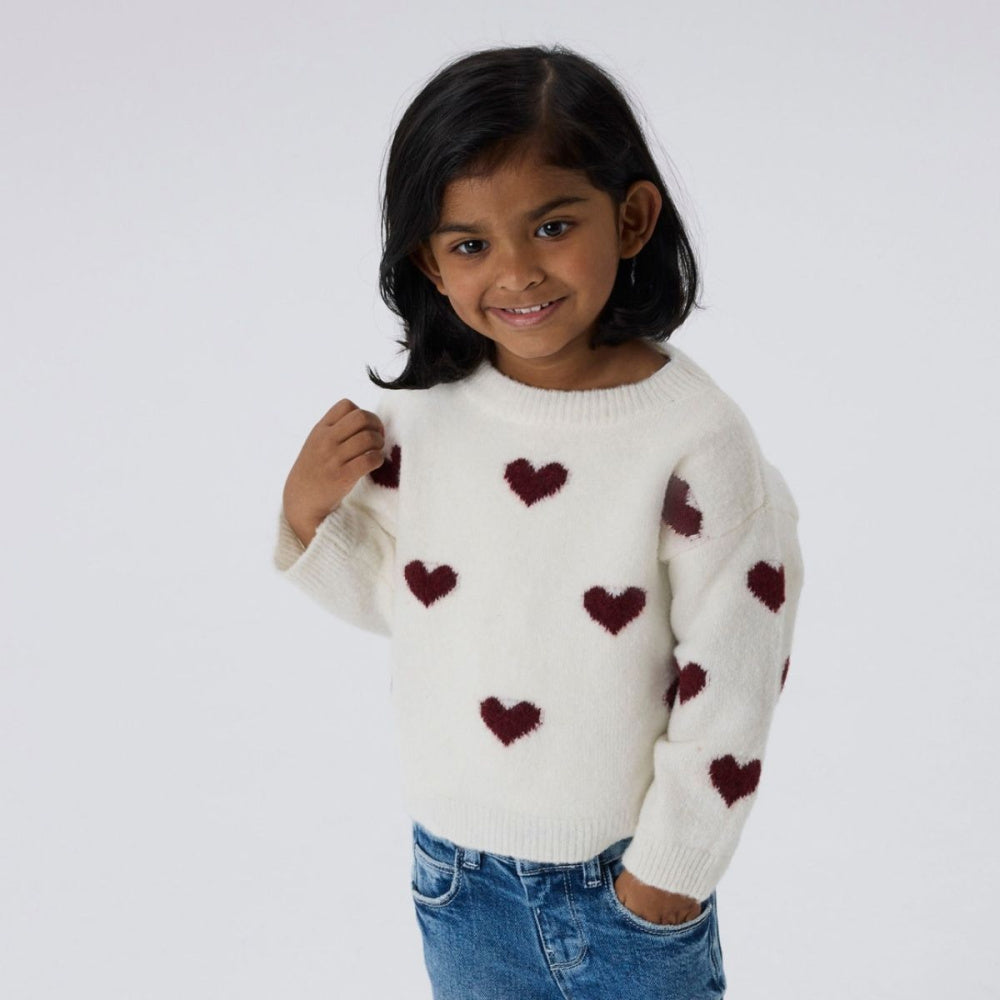 Name It - Genser Knit Ona Cloud Dancer Burgundy Hearts