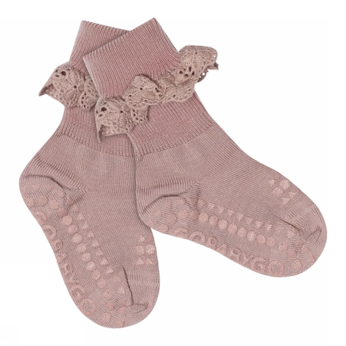 GoBabyGo - Sokker i Merinoull med Blonder Antiskli Rose Blush