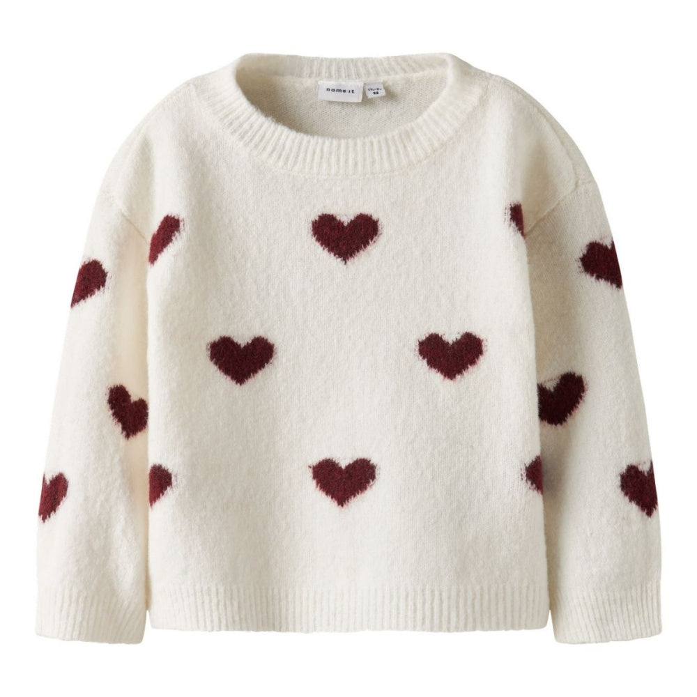 Name It - Genser Knit Ona Cloud Dancer Burgundy Hearts