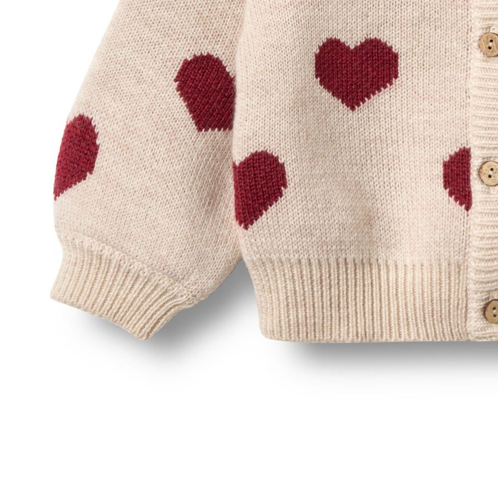 Wheat - Cardigan Mini Jacquard Knit Hearts Offwhite Melange