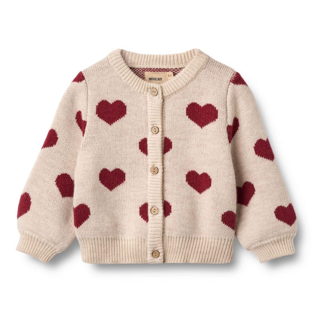 Wheat - Cardigan Mini Jacquard Knit Hearts Offwhite Melange