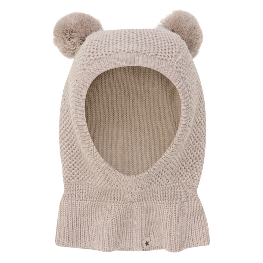 Huttelihut - Balaclava Strikket Ull Pompoms Camel Melange - Guttelus.no